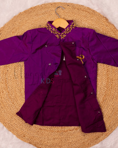 Ready to Ship: Violet Aari Worked Kurta with Striped Dhoti and matching taping border
