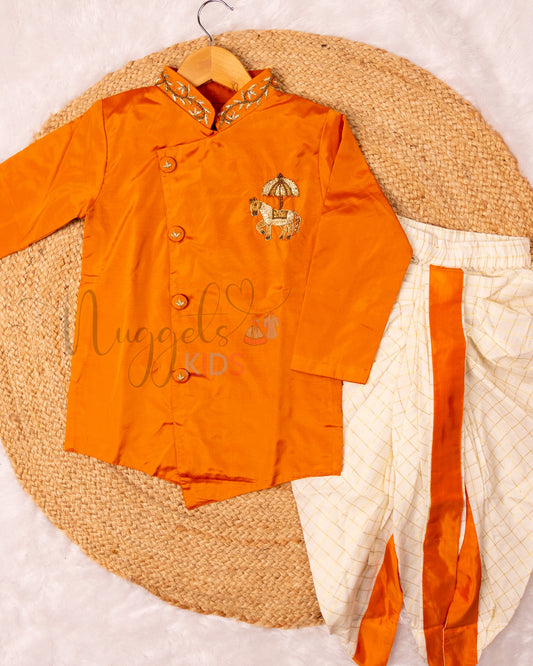 Ready to Ship: Mustard Orange Aari Worked Kurta with Striped Dhoti and matching taping border