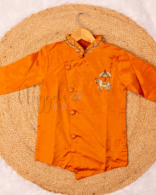 Ready to Ship: Mustard Orange Aari Worked Kurta with Striped Dhoti and matching taping border