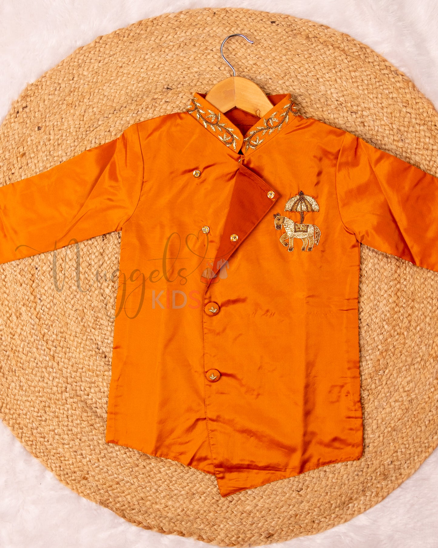 Ready to Ship: Mustard Orange Aari Worked Kurta with Striped Dhoti and matching taping border