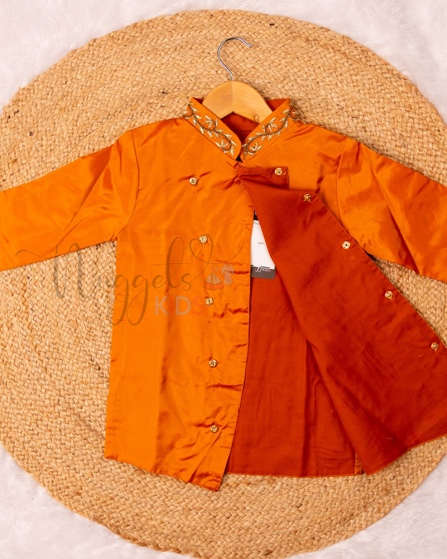 Ready to Ship: Mustard Orange Aari Worked Kurta with Striped Dhoti and matching taping border