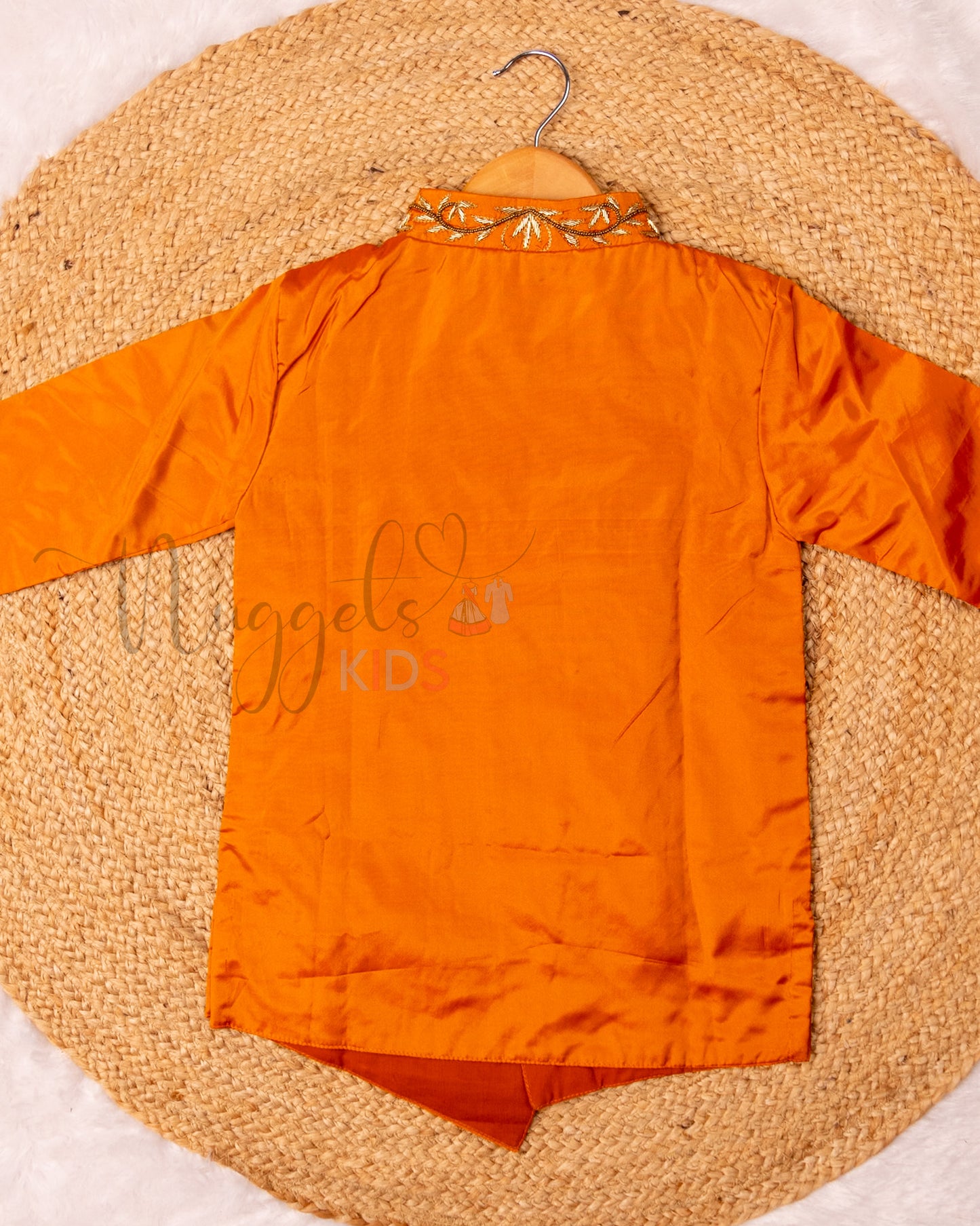 Ready to Ship: Mustard Orange Aari Worked Kurta with Striped Dhoti and matching taping border