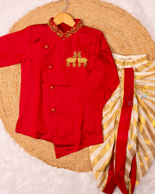 Ready to Ship: Red Aari Worked Kurta with Striped Dhoti and matching taping border