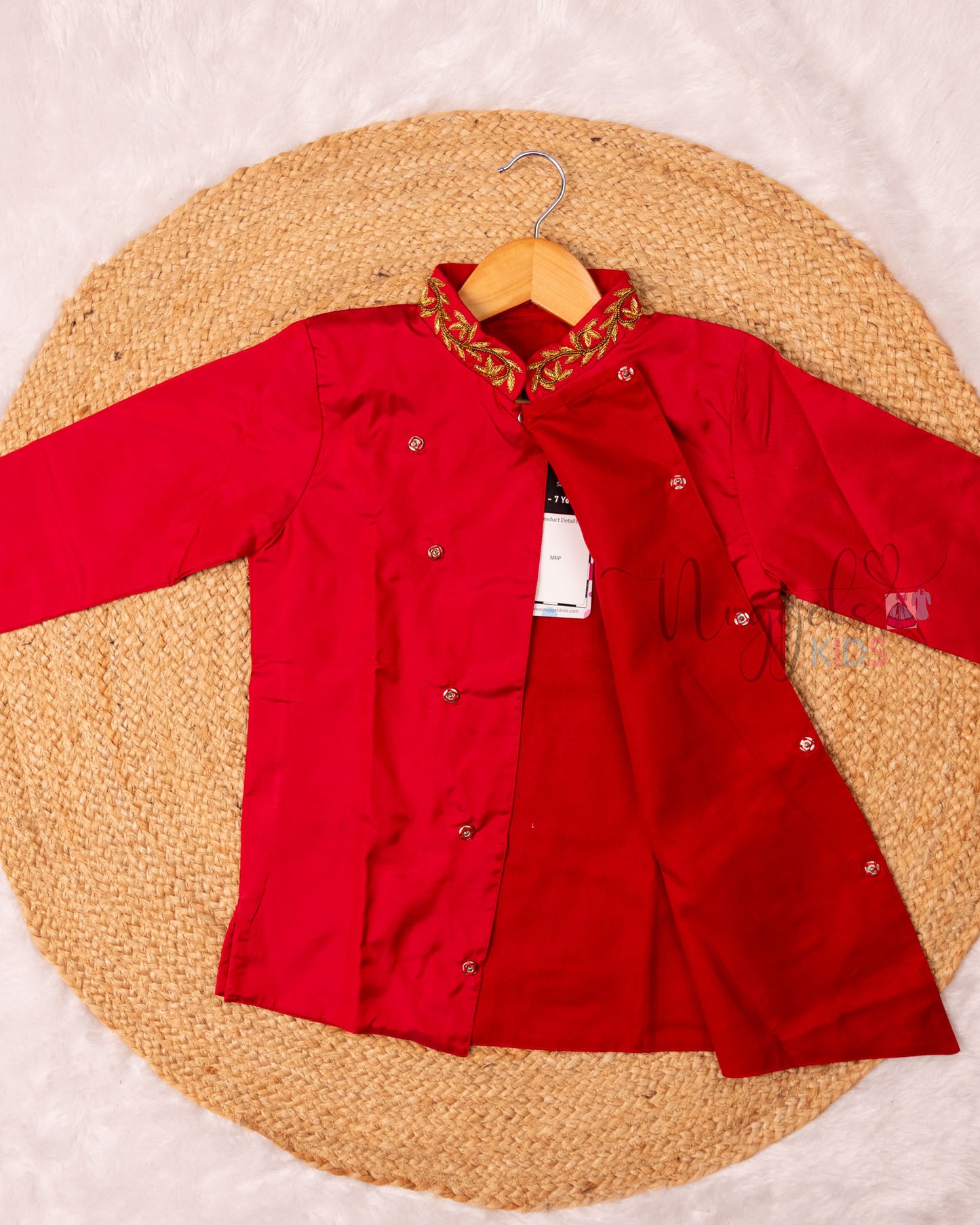 Ready to Ship: Red Aari Worked Kurta with Striped Dhoti and matching taping border