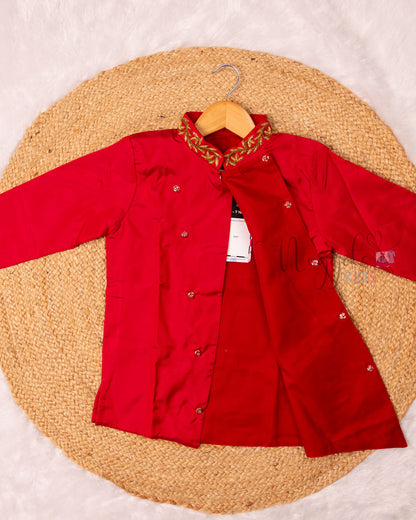 Ready to Ship: Red Aari Worked Kurta with Striped Dhoti and matching taping border