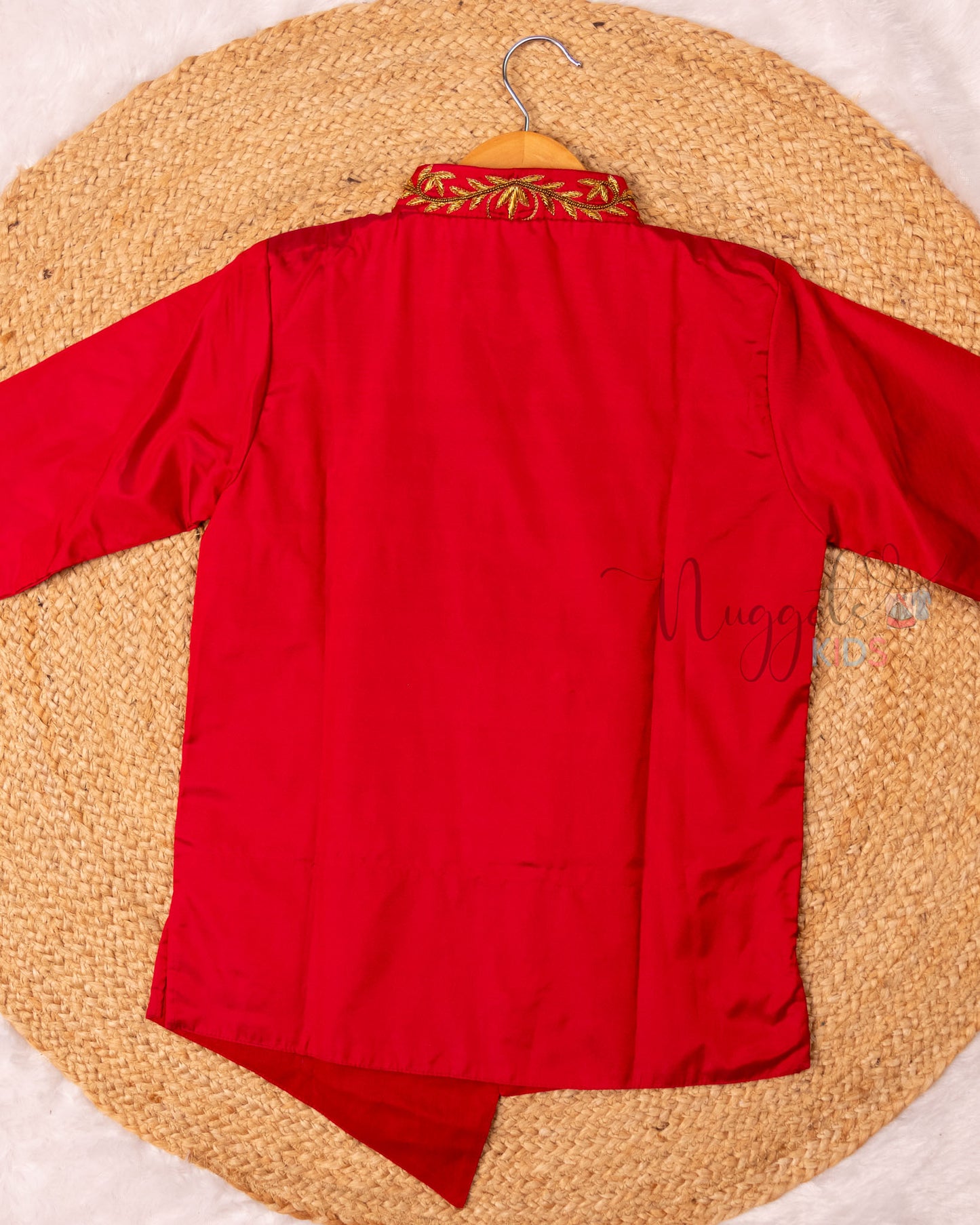 Ready to Ship: Red Aari Worked Kurta with Striped Dhoti and matching taping border