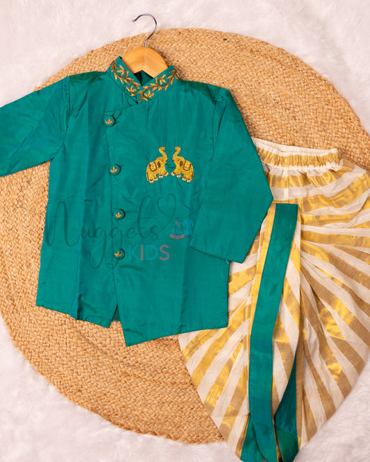 Ready to Ship: Peacock Green Aari Worked Kurta with Checked Dhoti and matching taping border