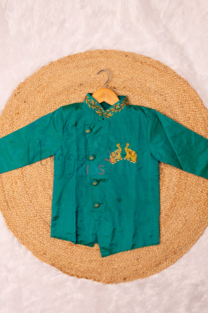 Ready to Ship: Peacock Green Aari Worked Kurta with Checked Dhoti and matching taping border