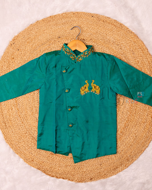 Ready to Ship: Peacock Green Aari Worked Kurta with Striped Dhoti and matching taping border