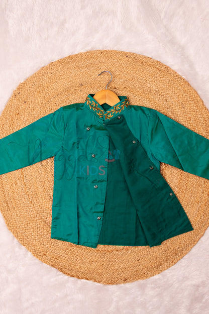 Ready to Ship: Peacock Green Aari Worked Kurta with Checked Dhoti and matching taping border