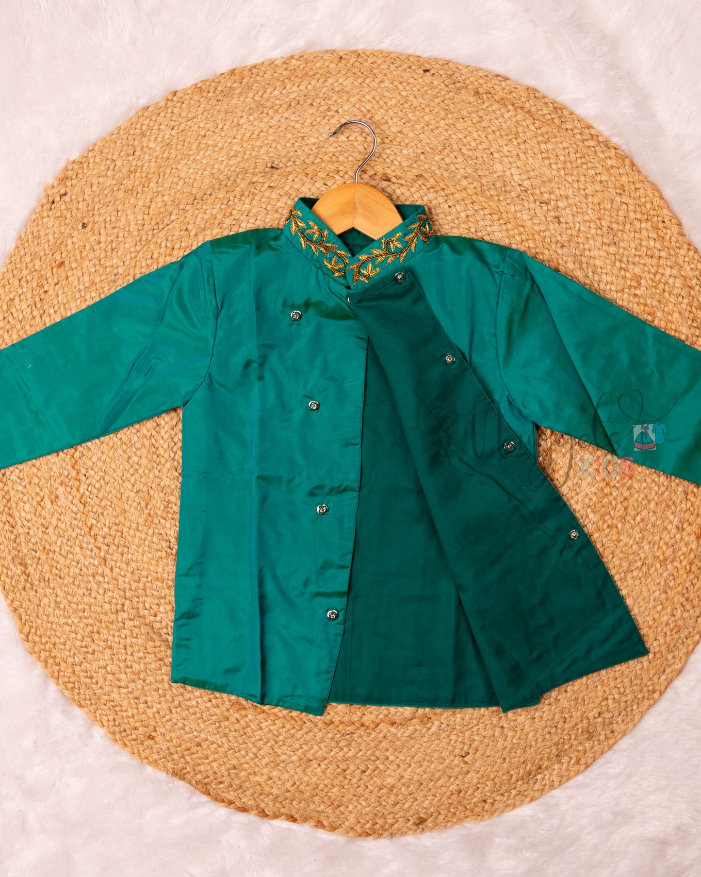 Ready to Ship: Peacock Green Aari Worked Kurta with Striped Dhoti and matching taping border