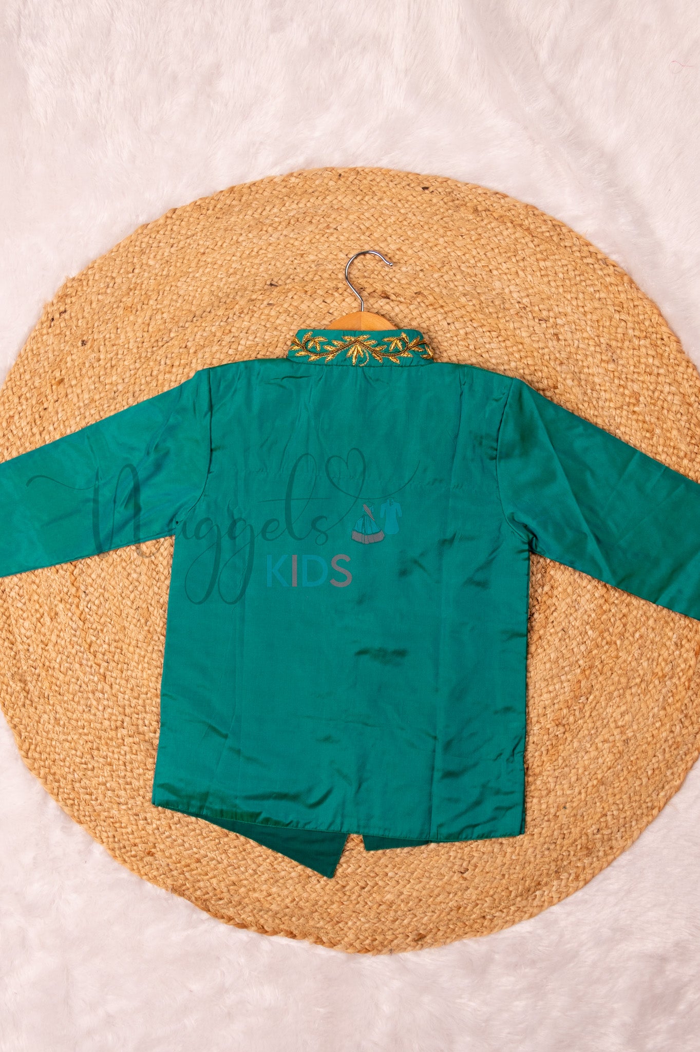 Ready to Ship: Peacock Green Aari Worked Kurta with Checked Dhoti and matching taping border