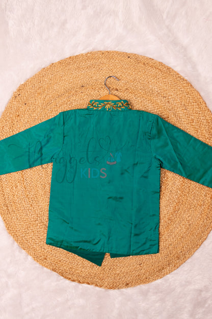 Ready to Ship: Peacock Green Aari Worked Kurta with Checked Dhoti and matching taping border
