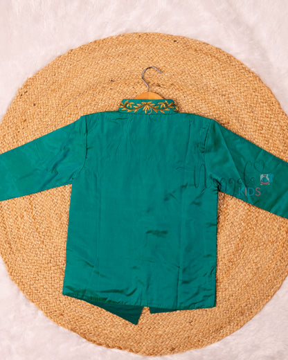 Ready to Ship: Peacock Green Aari Worked Kurta with Striped Dhoti and matching taping border
