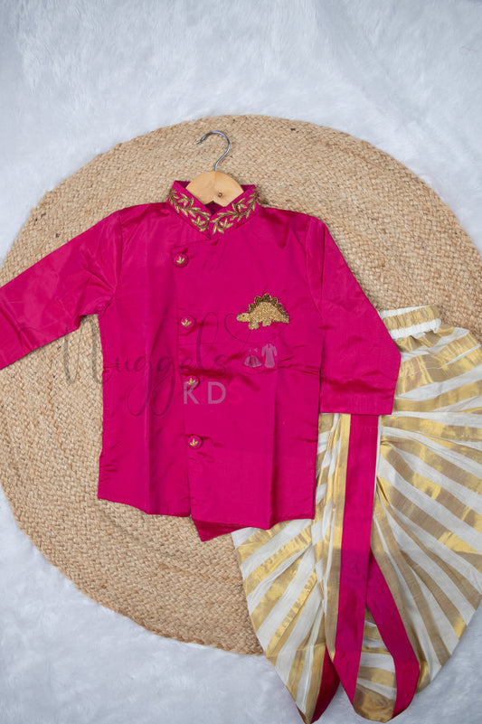 Ready to Ship: Pink Aari Worked Kurta with Checked Dhoti and matching taping border