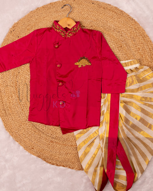 Ready to Ship: Red Aari Worked Kurta with Striped Dhoti and matching taping border