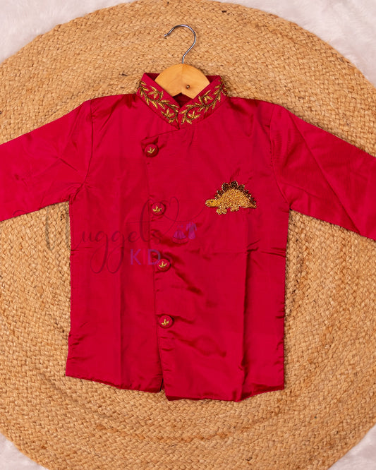 Ready to Ship: Red Aari Worked Kurta with Striped Dhoti and matching taping border