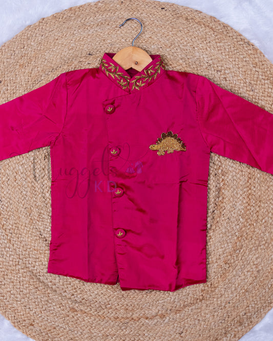 Ready to Ship: Pink Aari Worked Kurta with Checked Dhoti and matching taping border