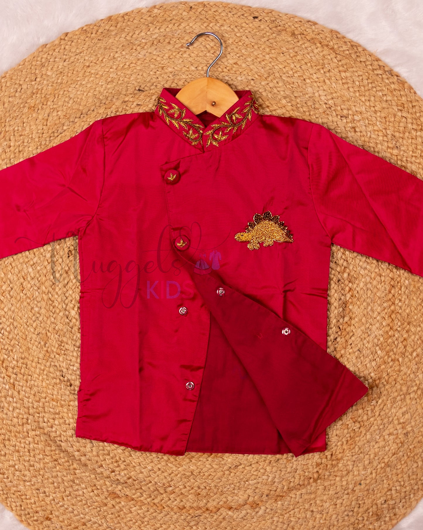 Ready to Ship: Red Aari Worked Kurta with Striped Dhoti and matching taping border