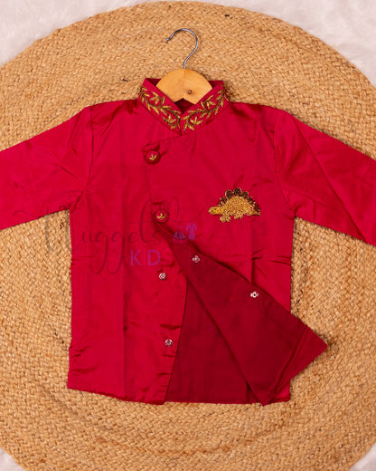 Ready to Ship: Red Aari Worked Kurta with Striped Dhoti and matching taping border