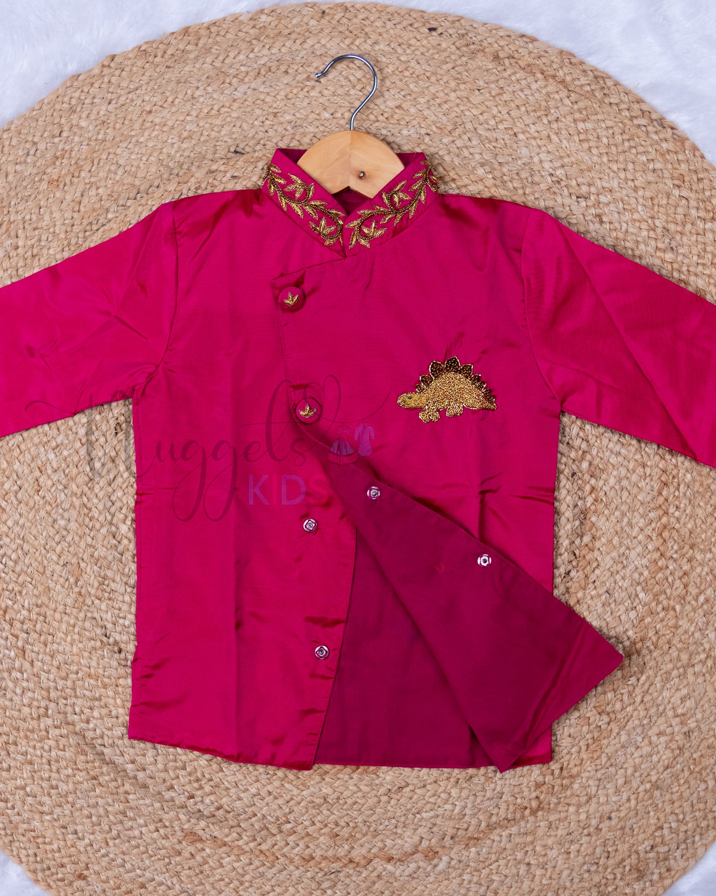 Ready to Ship: Pink Aari Worked Kurta with Checked Dhoti and matching taping border