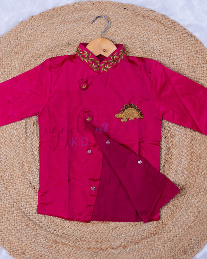 Ready to Ship: Pink Aari Worked Kurta with Checked Dhoti and matching taping border
