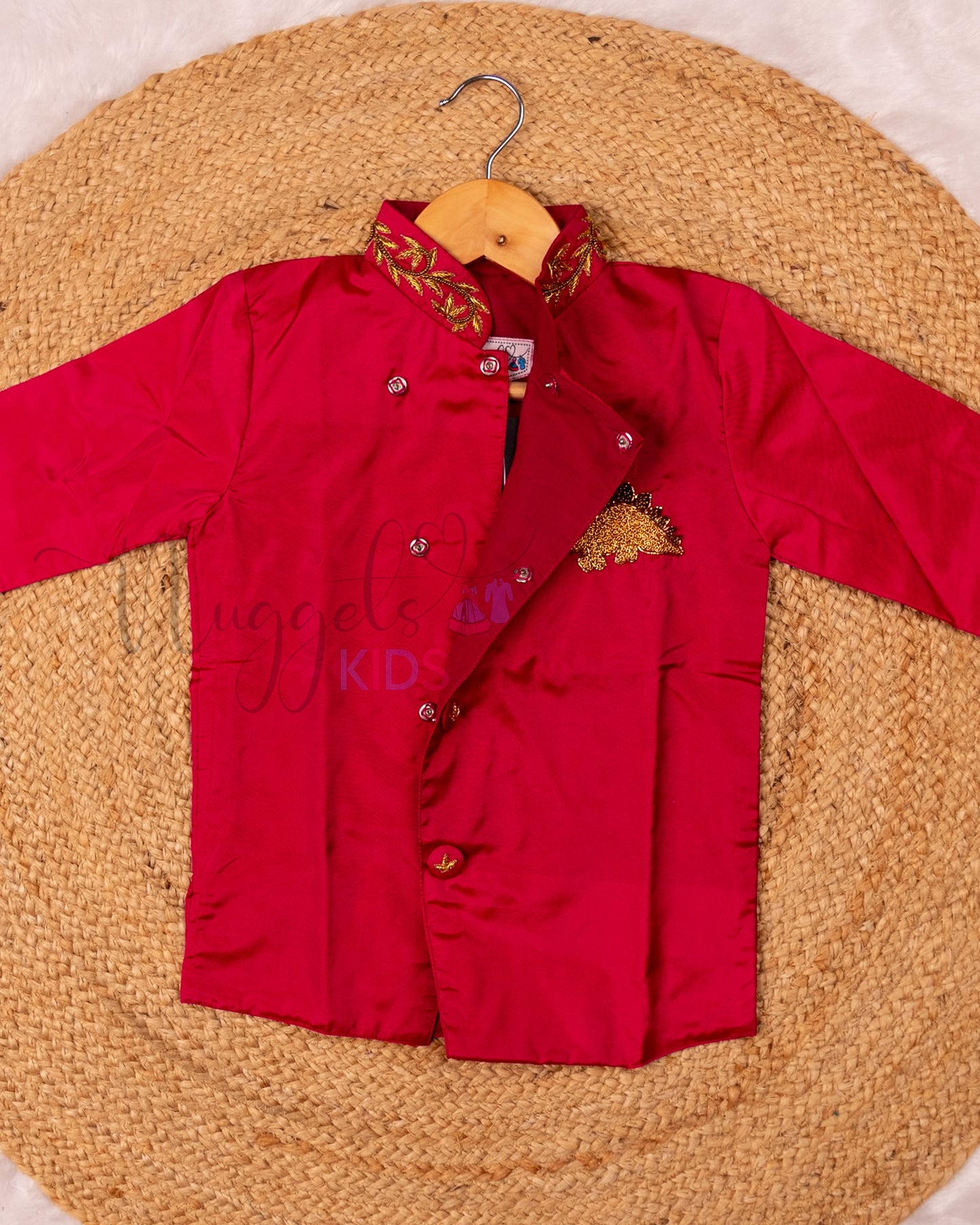 Ready to Ship: Red Aari Worked Kurta with Striped Dhoti and matching taping border
