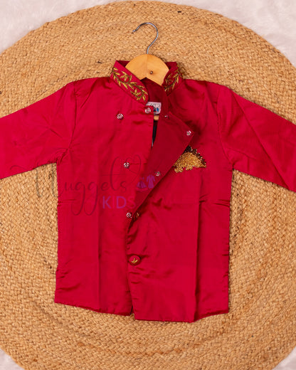 Ready to Ship: Red Aari Worked Kurta with Striped Dhoti and matching taping border