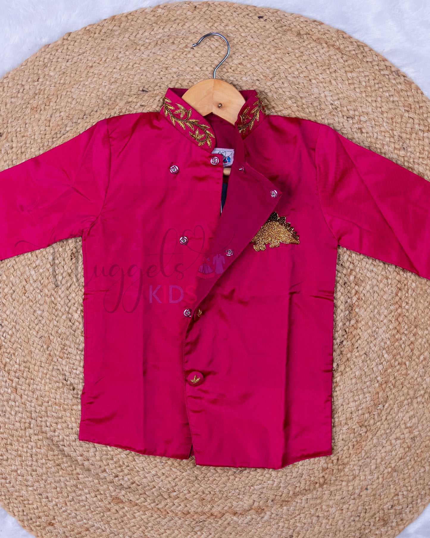 Ready to Ship: Pink Aari Worked Kurta with Checked Dhoti and matching taping border