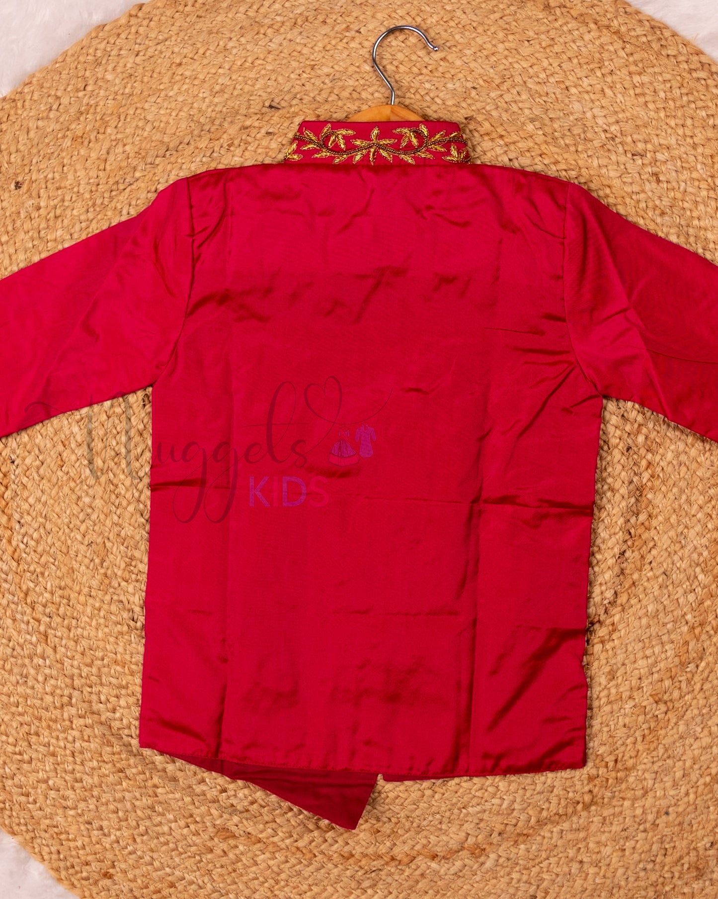 Ready to Ship: Red Aari Worked Kurta with Striped Dhoti and matching taping border