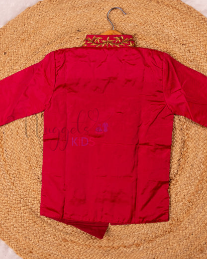 Ready to Ship: Red Aari Worked Kurta with Striped Dhoti and matching taping border