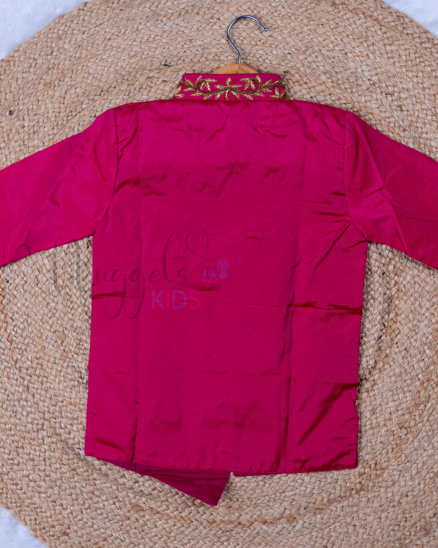 Ready to Ship: Pink Aari Worked Kurta with Checked Dhoti and matching taping border