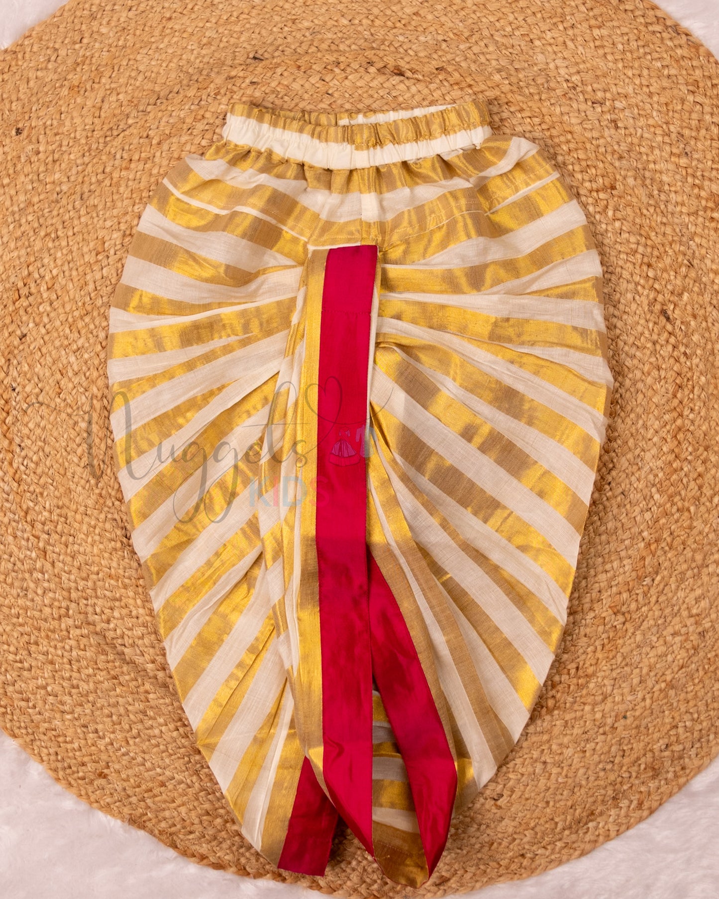 Ready to Ship: Red Aari Worked Kurta with Striped Dhoti and matching taping border