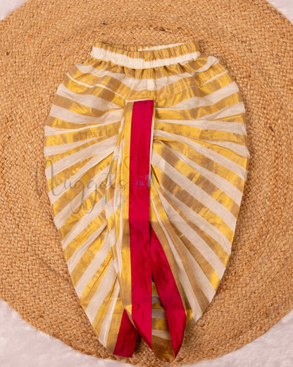 Ready to Ship: Red Aari Worked Kurta with Striped Dhoti and matching taping border
