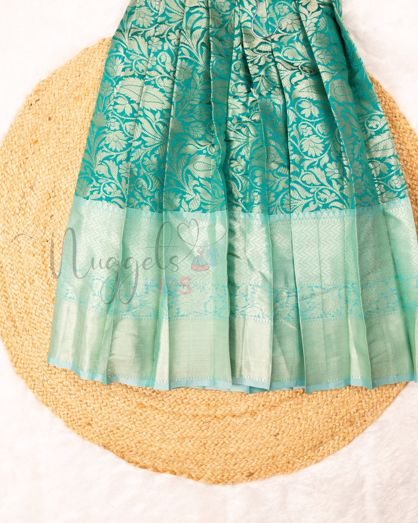 Ready to Ship: Premium Peacock Green Banarasi Gown with aari work yoke, cutwork belt line and Organza Sleeves