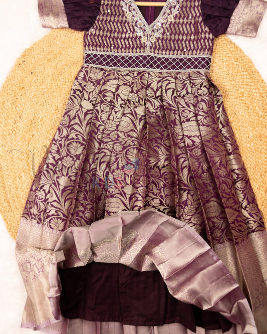 Ready to Ship: Premium Wine Banarasi Gown with aari work yoke, cutwork belt line and Organza Sleeves