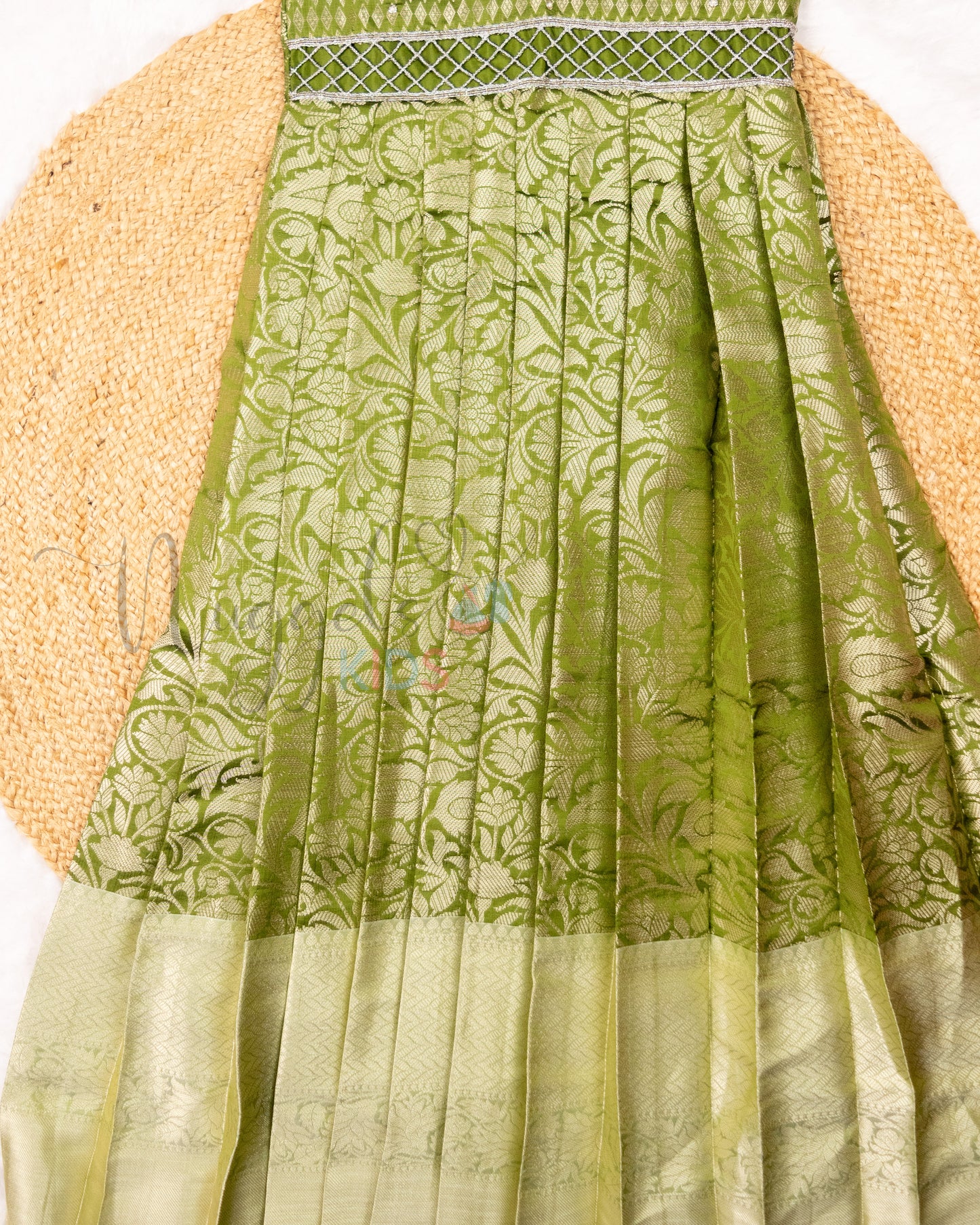 Ready to Ship: Premium Elaichi Green Banarasi Gown with aari work yoke, cutwork belt line and Organza Sleeves