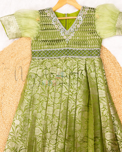 Ready to Ship: Premium Elaichi Green Banarasi Gown with aari work yoke, cutwork belt line and Organza Sleeves