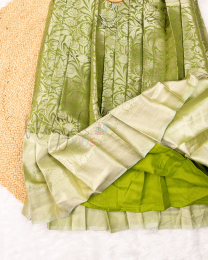 Ready to Ship: Premium Elaichi Green Banarasi Gown with aari work yoke, cutwork belt line and Organza Sleeves