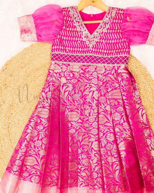 Ready to Ship: Premium Pink Banarasi Gown with aari work yoke, cutwork belt line and Organza Sleeves