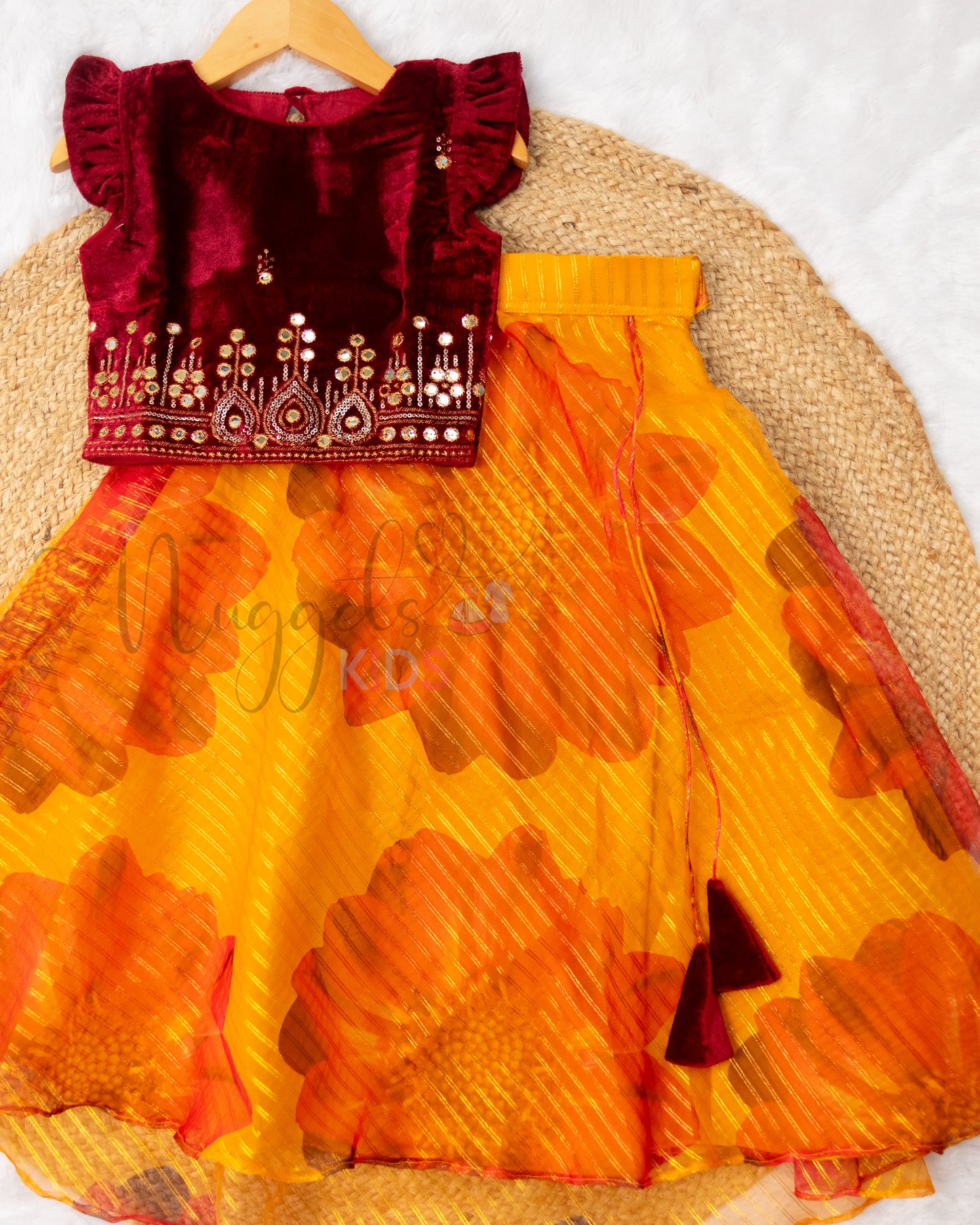 Ready to Ship: Red and Yellow Velvet Lehenga