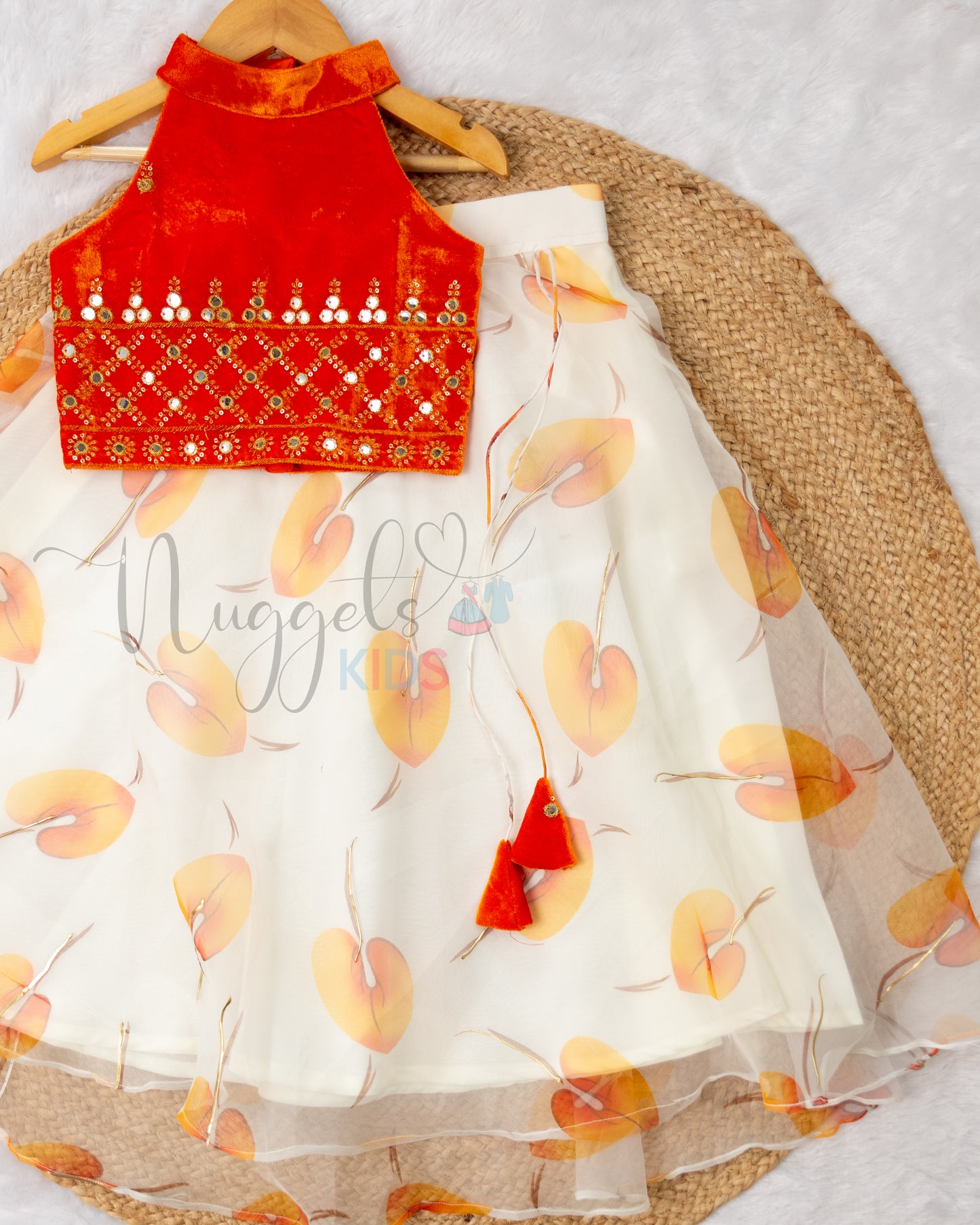 Ready to Ship: Orange and White Velvet Lehenga