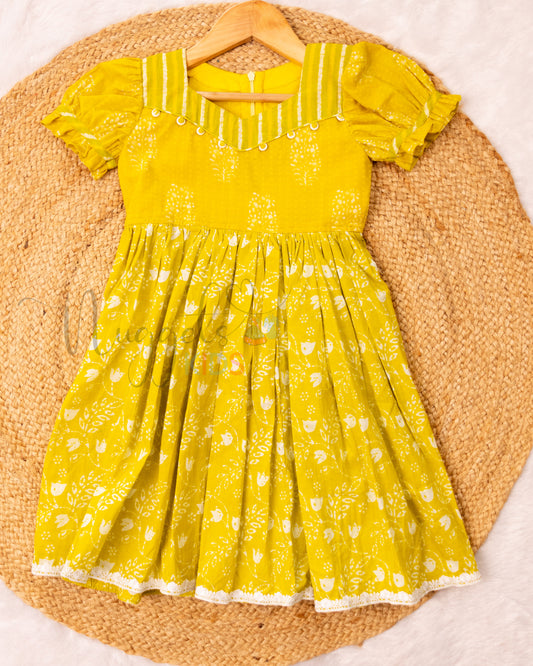 Ready to Ship: Lemon Green Printed Cotton Frock with puff sleeves and patchwork yoke