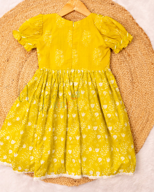 Ready to Ship: Lemon Green Printed Cotton Frock with puff sleeves and patchwork yoke