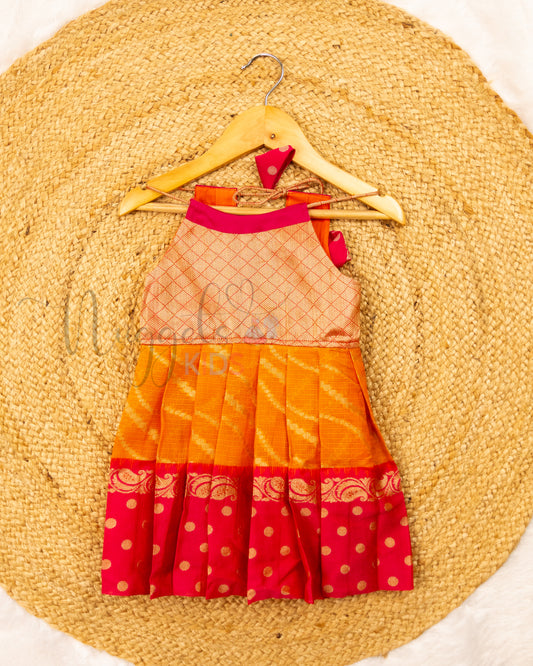 Ready to Ship: Orange and Pink Kora Muslin Semi Silk Tie Back frock with patch work yoke