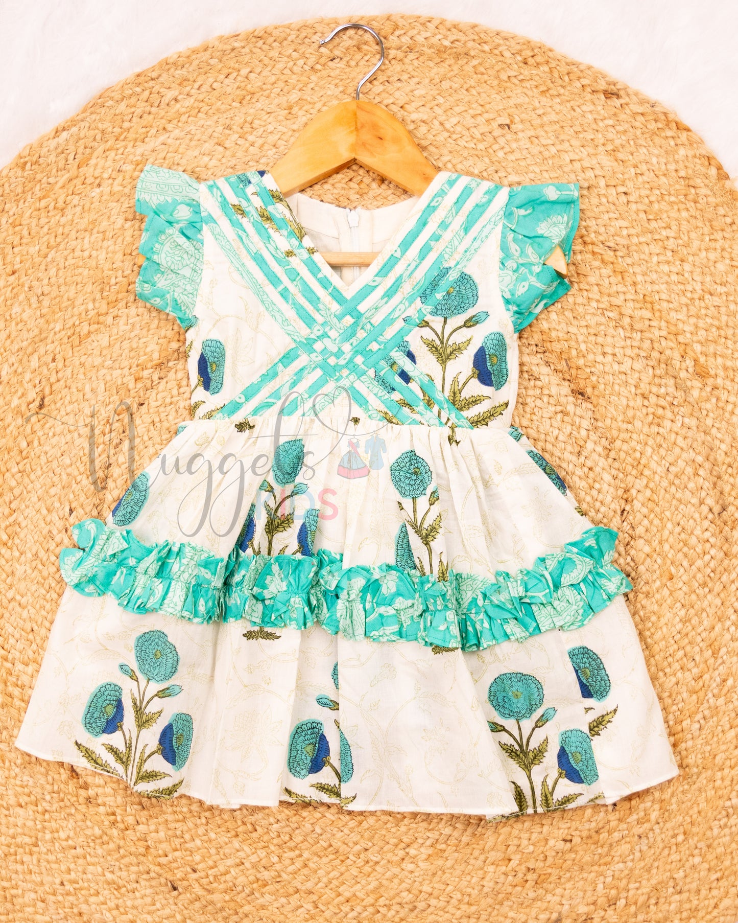 Ready to Ship: White and Turquoise Frock with Pattern Yoke and Contrasted Frill