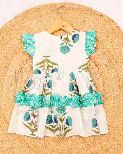 Ready to Ship: White and Turquoise Frock with Pattern Yoke and Contrasted Frill