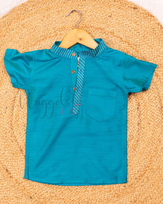 Ready to Ship: Blue Silk Cotton Short Kurta with Anchoring Detailing and Printed White Dhoti with Lace Borders