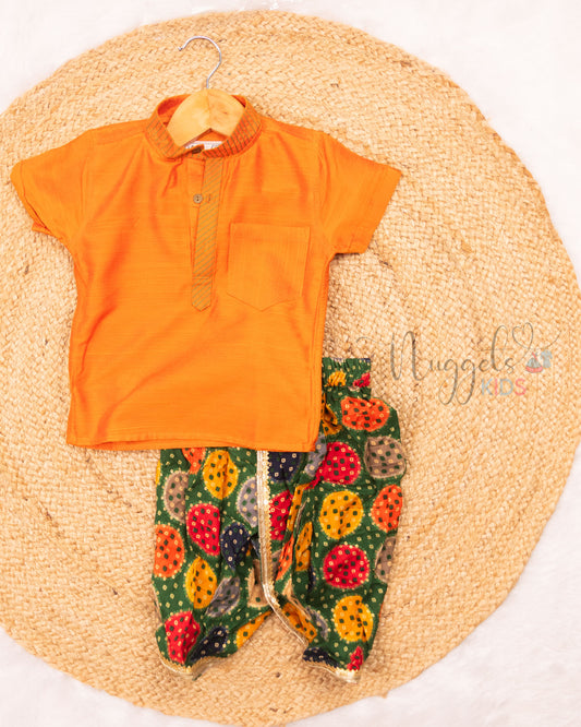 Ready to Ship: Orange Silk Cotton Short Kurta with Anchoring Detailing and Printed Green Dhoti with Lace Borders
