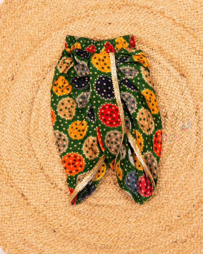 Ready to Ship: Orange Silk Cotton Short Kurta with Anchoring Detailing and Printed Green Dhoti with Lace Borders